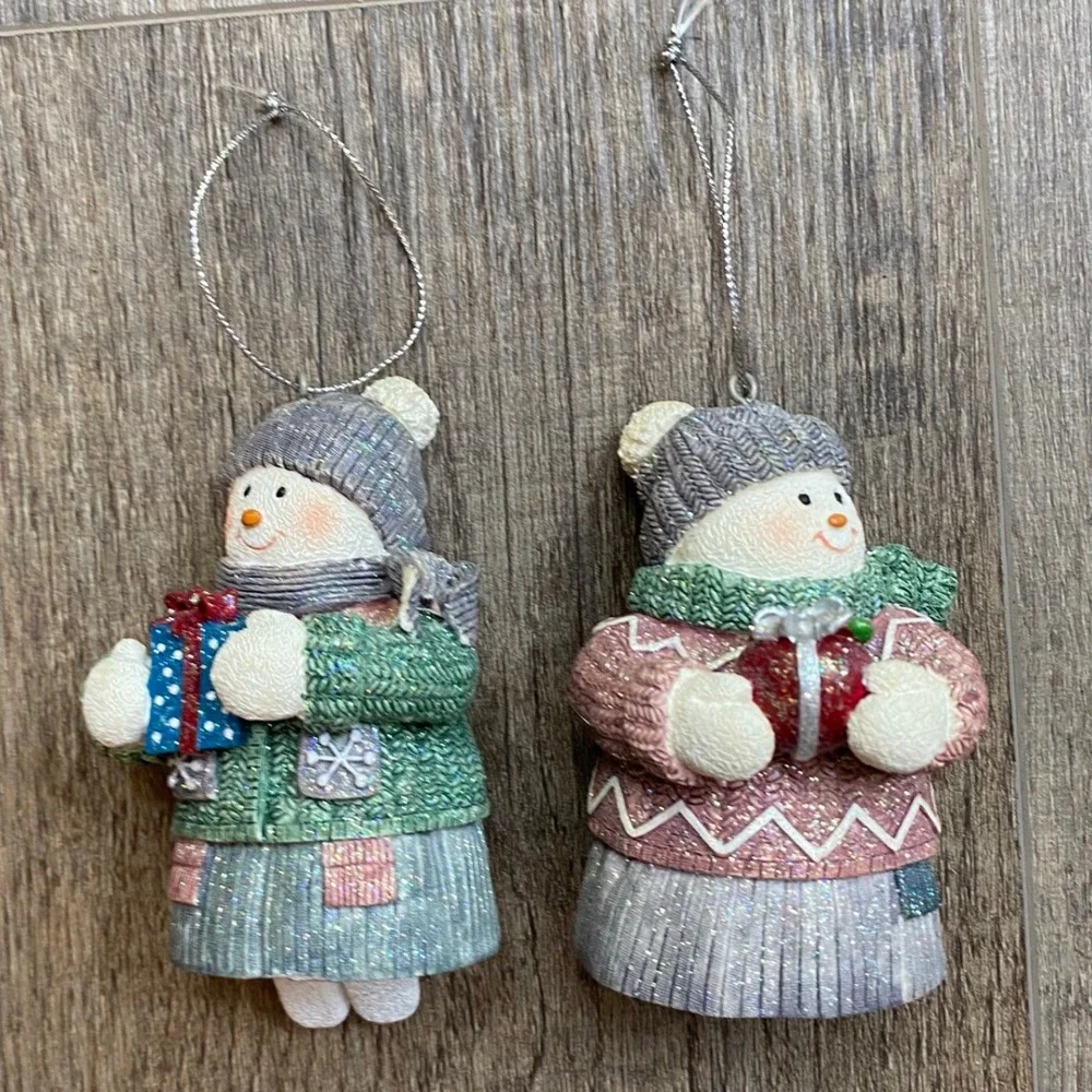 Vintage Style Snowman Girl Bell Ornaments Set of 2 Glitter Knit Sweater Winter